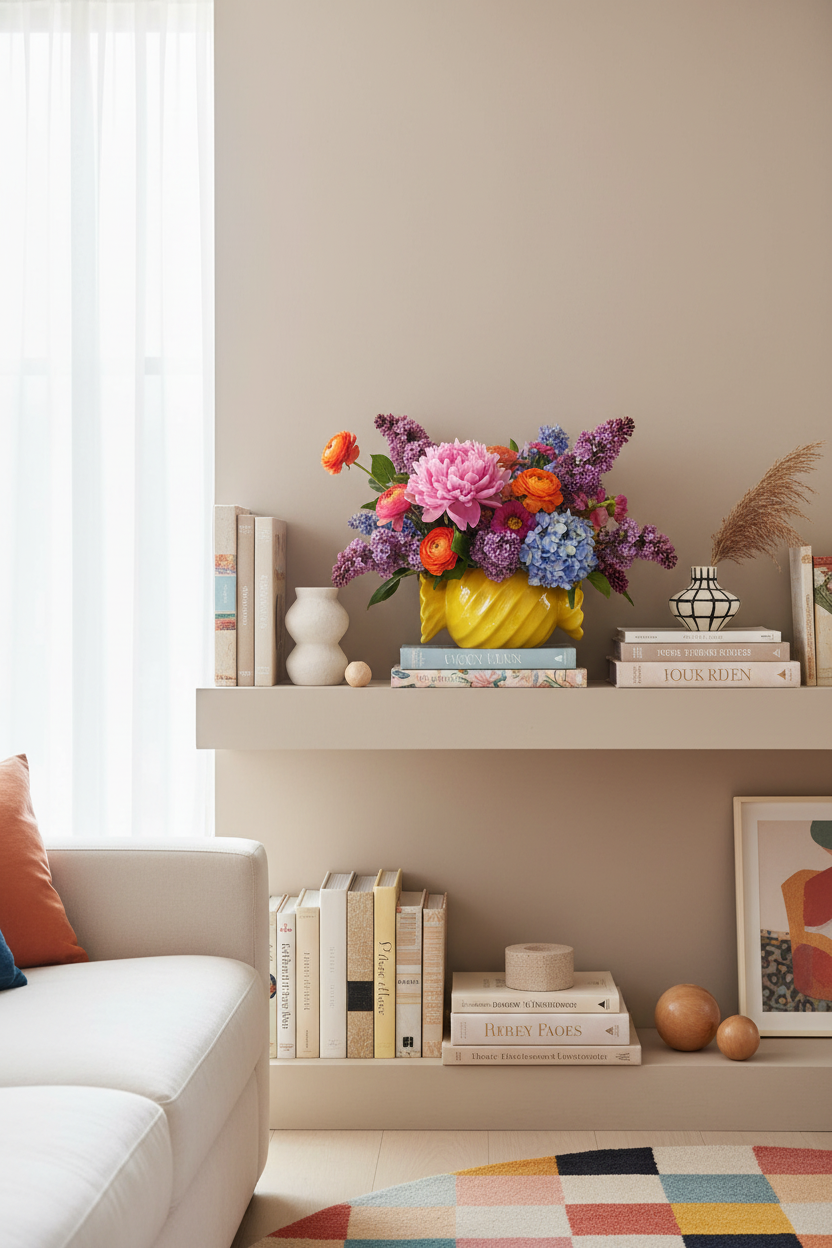 Jarra amarela com flores em prateleira