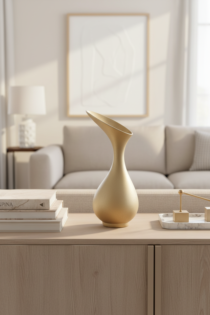 Jarra bege escultural sem flores - vista próxima