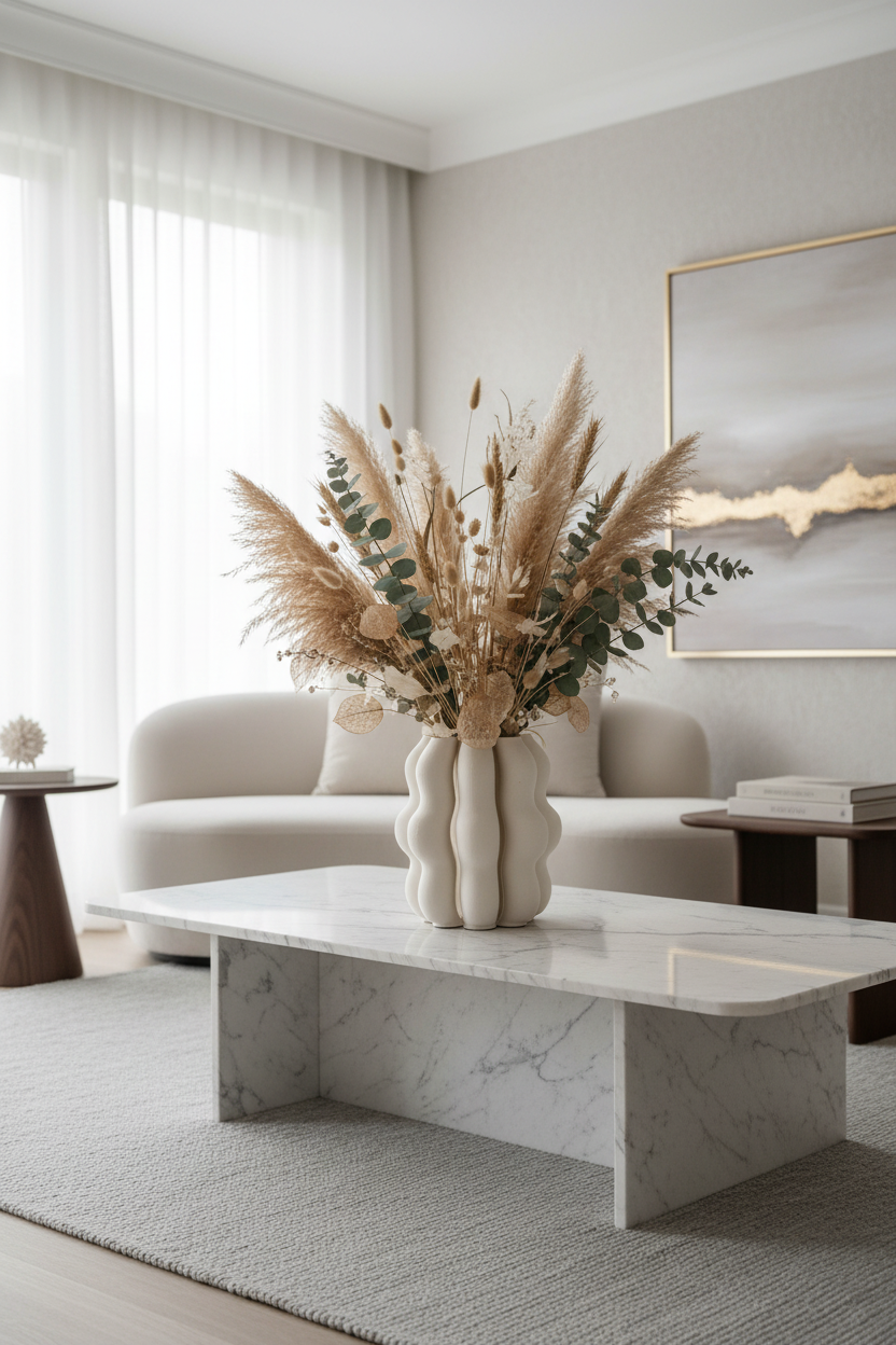 Jarra branca com flores secas