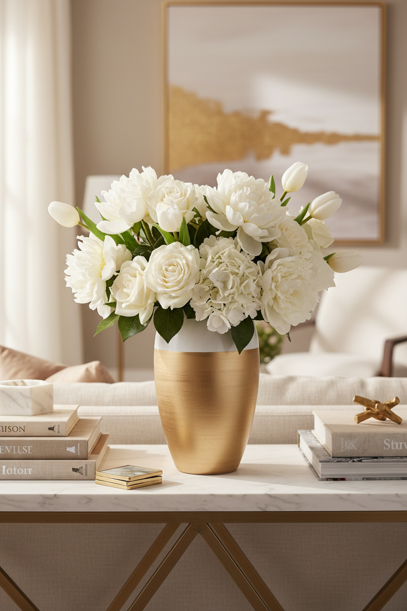 Jarra branca e dourada com flores brancas - vista próxima