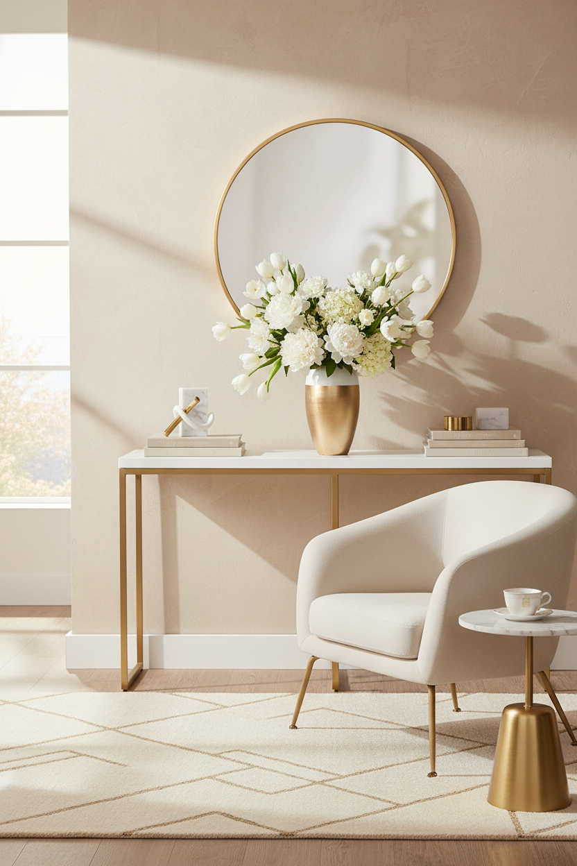 Jarra branca e dourada com flores brancas