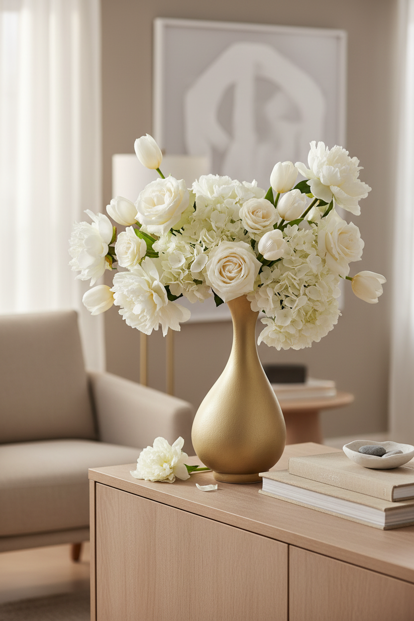 Jarra dourada escultural com flores brancas - vista próxima