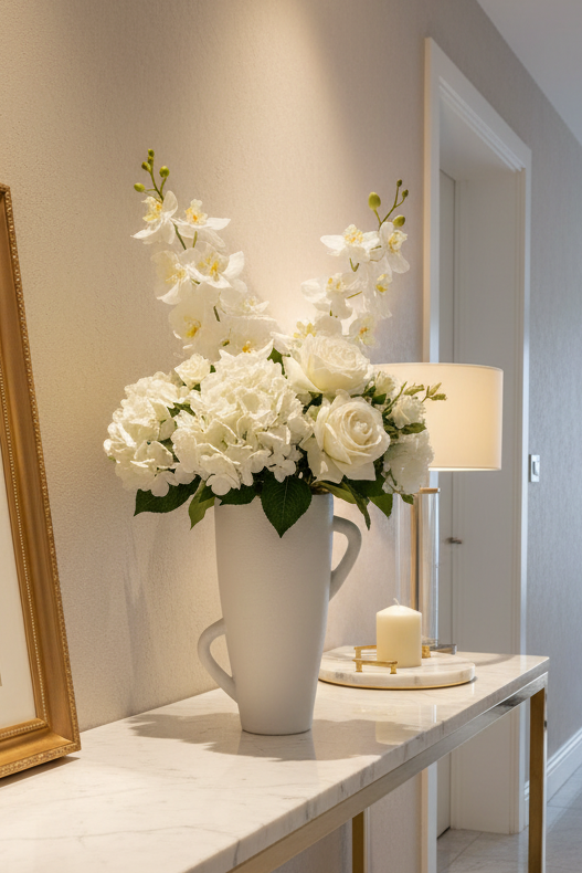 Jarra em entrada elegante com flores e acessórios