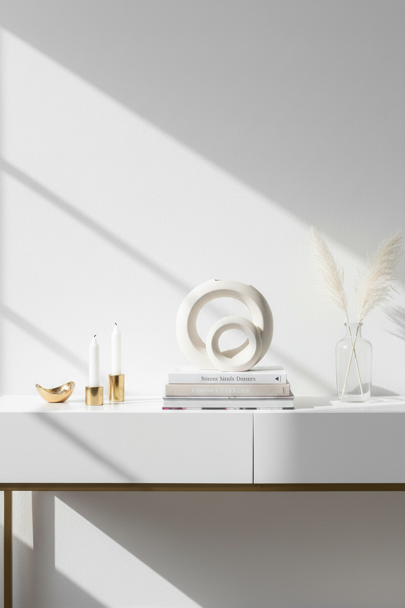 Jarra escultural de anéis brancos em ambiente decorativo