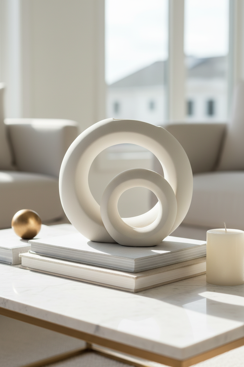 Jarra escultural de anéis brancos - vista próxima em mesa