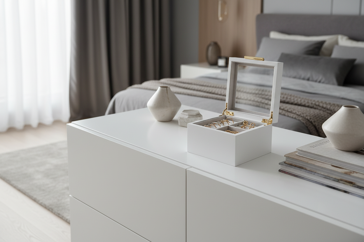 Joalheiro branco com vidro transparente limpo em cómoda moderna