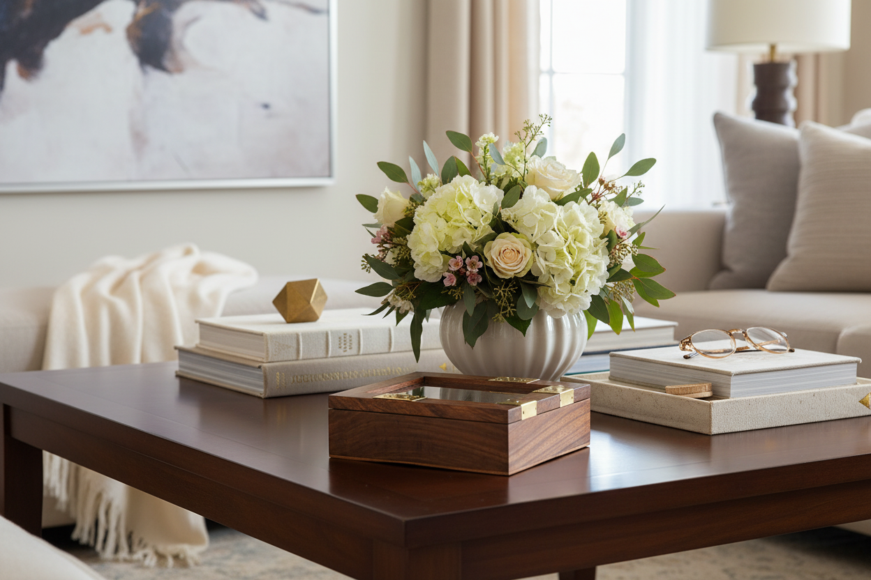 Jogo de cartas com arranjo de flores e decoração cuidada