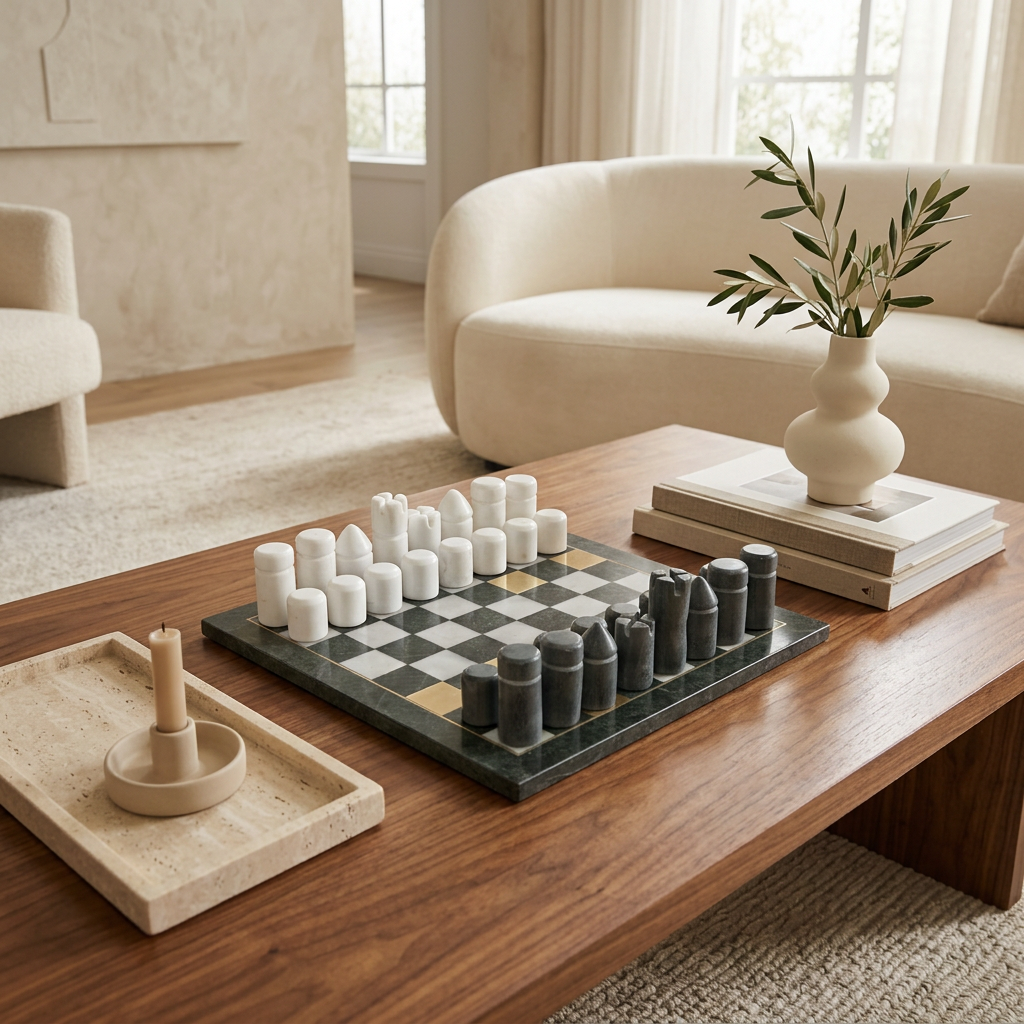 Jogo de xadrez sobre uma mesa decorada em estilo contemporâneo