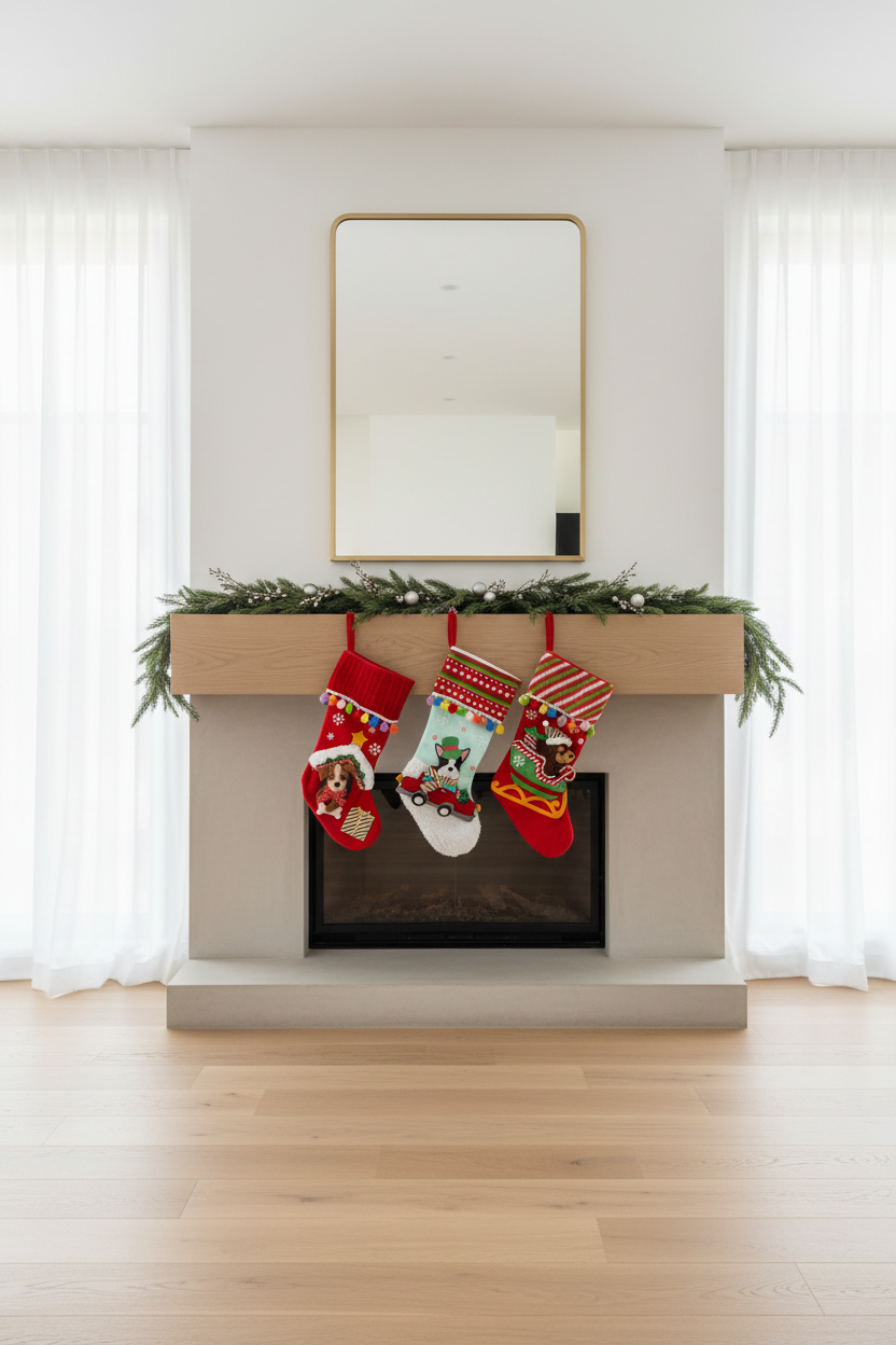 Meias de Natal em lareira moderna com espelho e cortinados