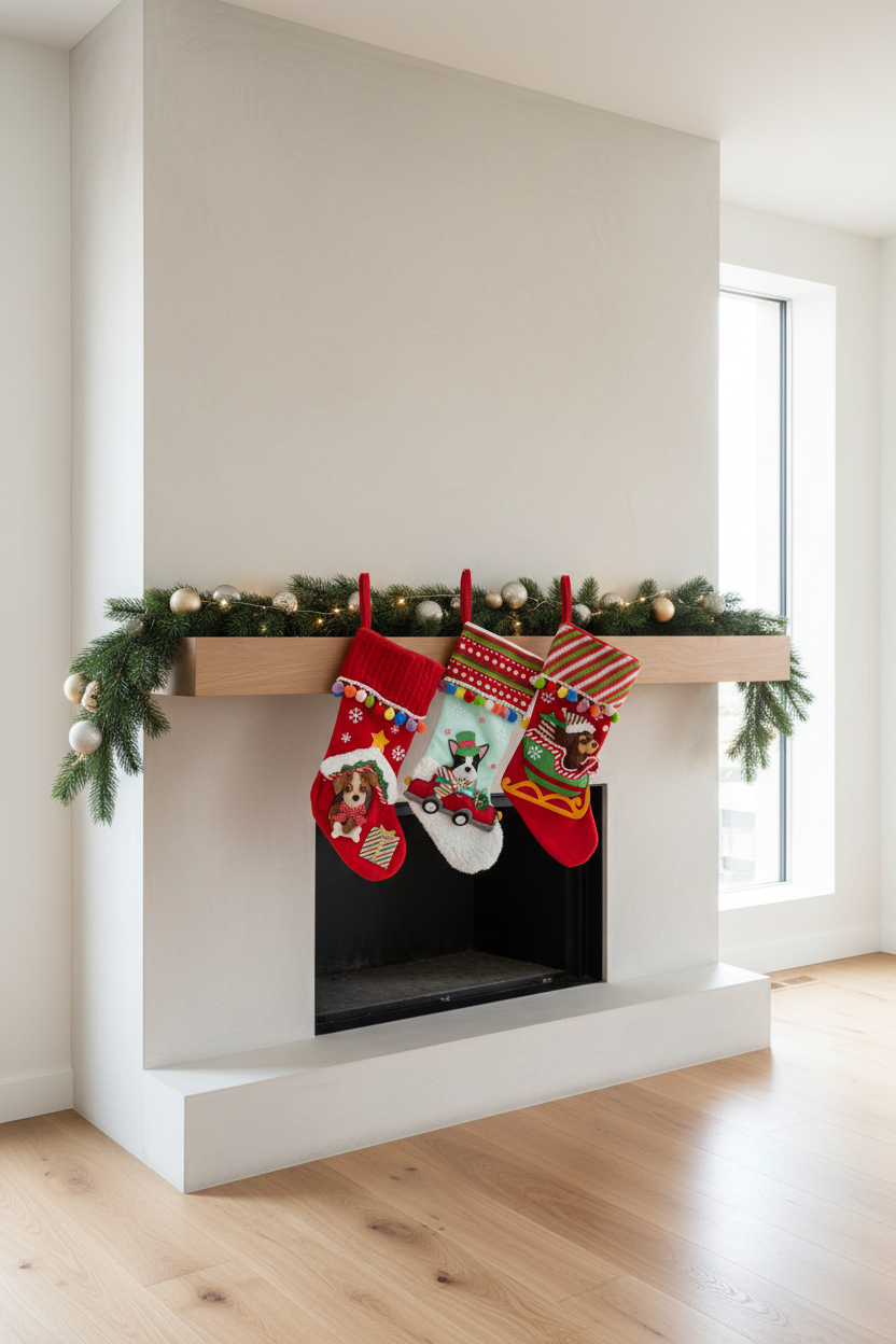 Meias de Natal em lareira moderna