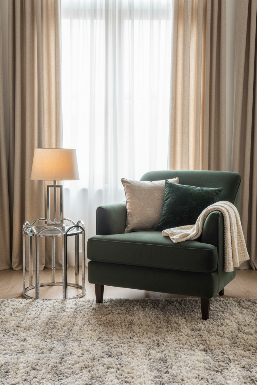 Mesa cromada com candeeiro ao lado de poltrona verde - formato vertical