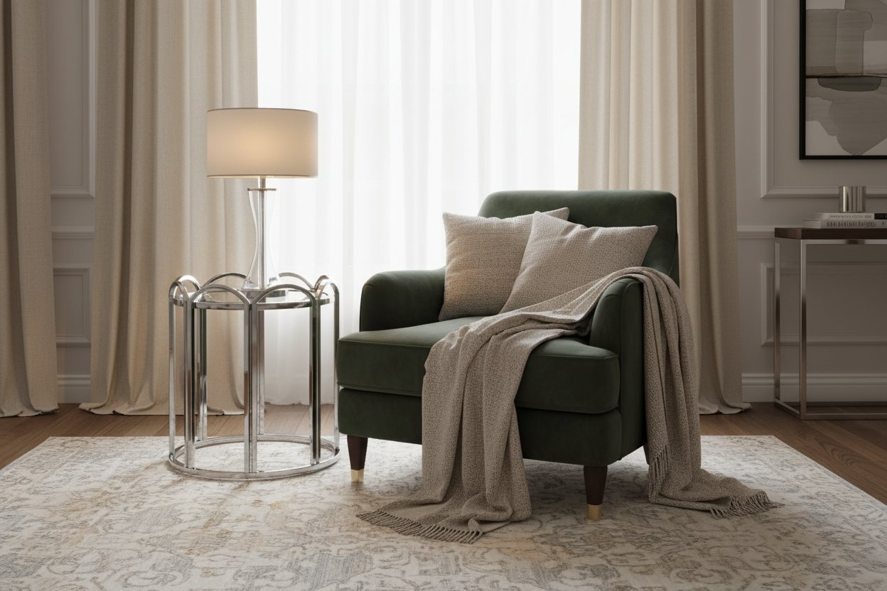 Mesa de apoio cromada com candeeiro ao lado de poltrona verde