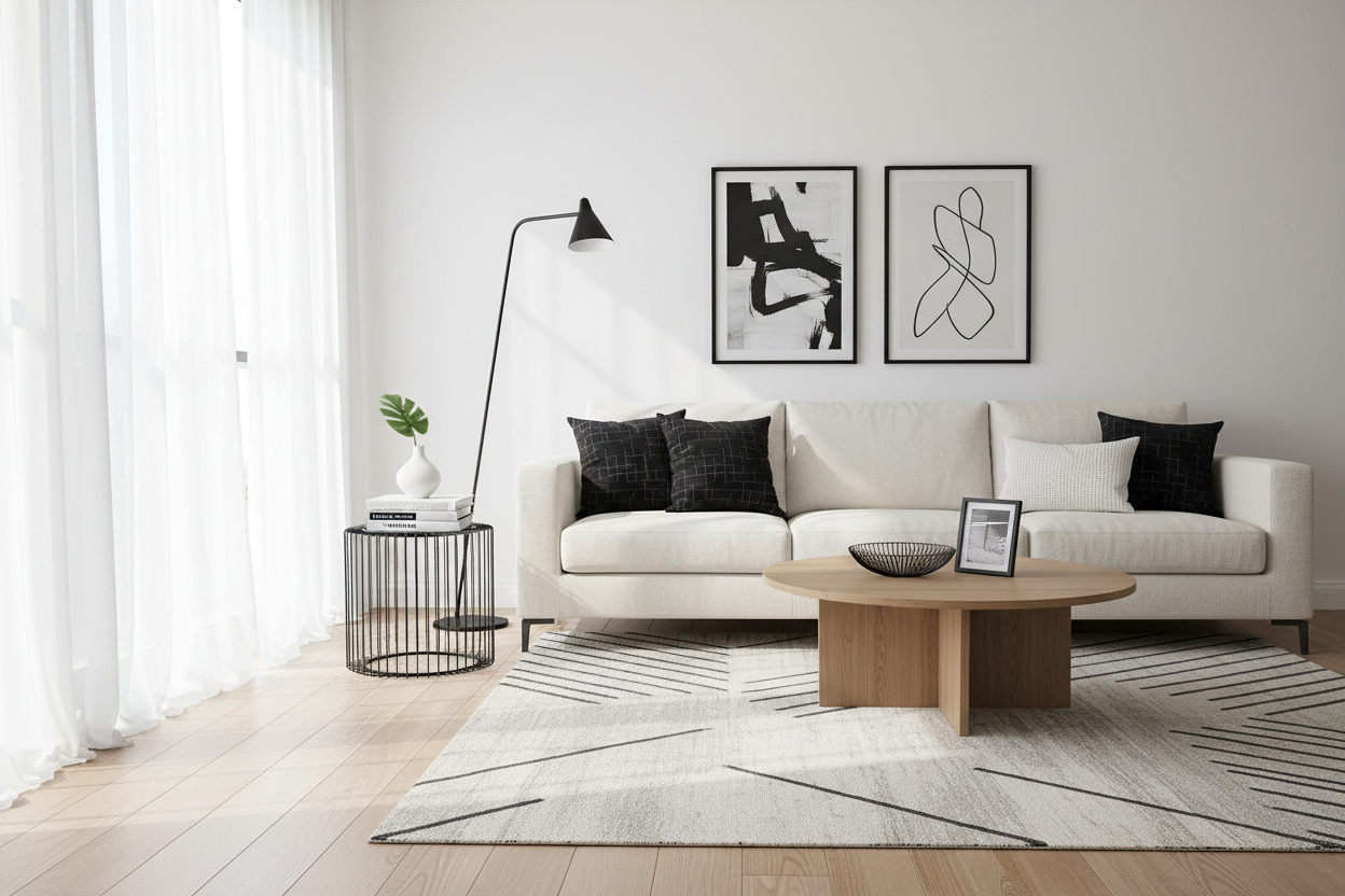 Mesa de apoio preta ao lado de sofá em ambiente escandinavo