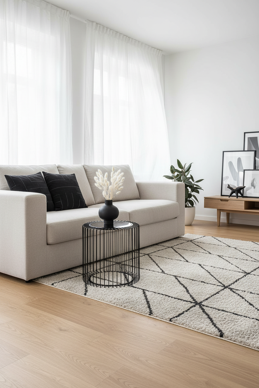 Mesa de apoio preta ao lado de sofá - formato vertical