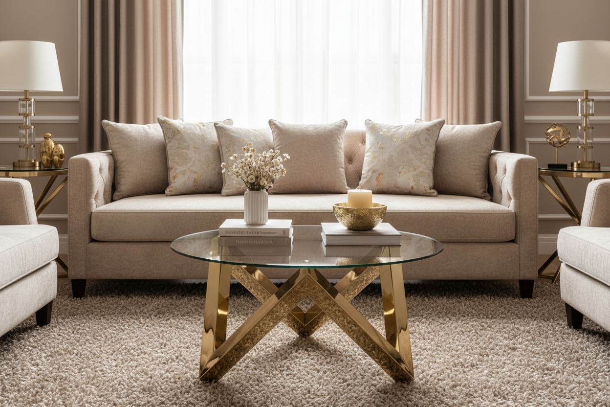 Mesa de centro dourada com decoração em frente ao sofá