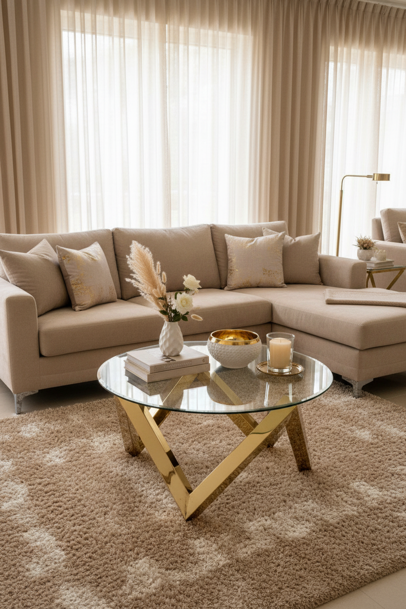 Mesa de centro dourada com decoração - formato vertical