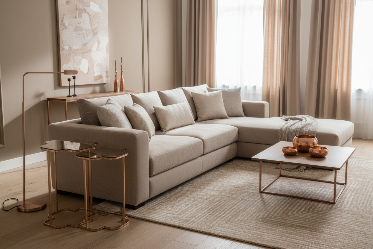 Mesas de apoio em cobre numa sala requintada