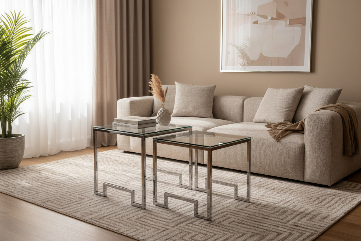 Mesas de centro em vidro e cromado em frente ao sofá
