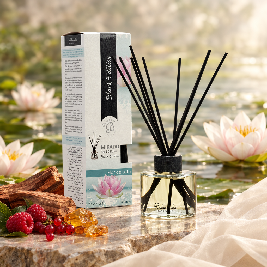 Mikado Flor de Loto com fundo inspirado em cedro, âmbar, almíscar, frutos vermelhos e lírio aquático
