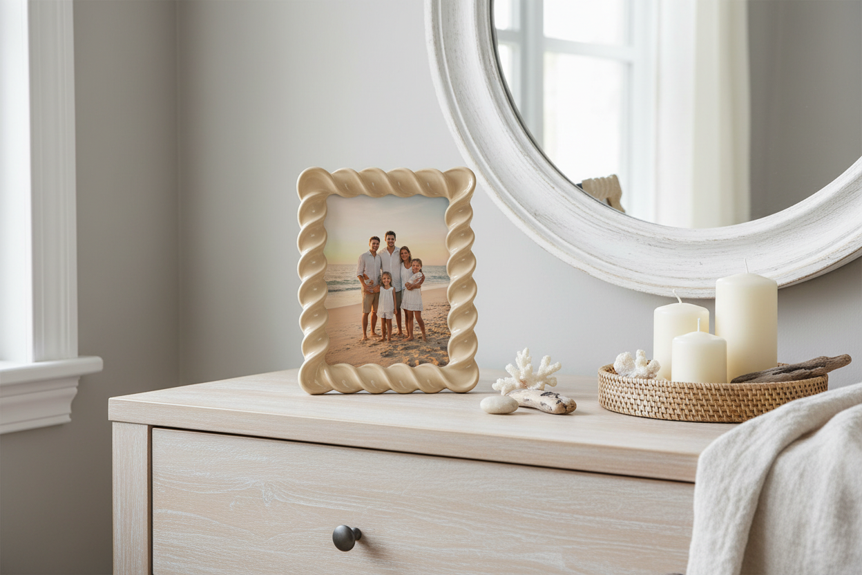 Moldura bege em cómoda de quarto