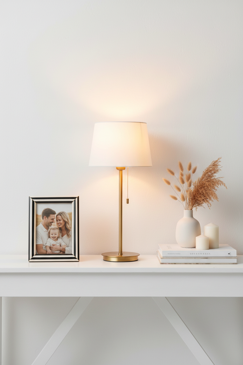 Moldura de riscas com candeeiro de mesa em aparador