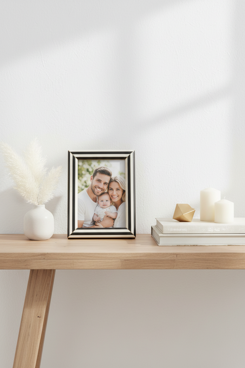 Moldura de riscas preto e branco em aparador