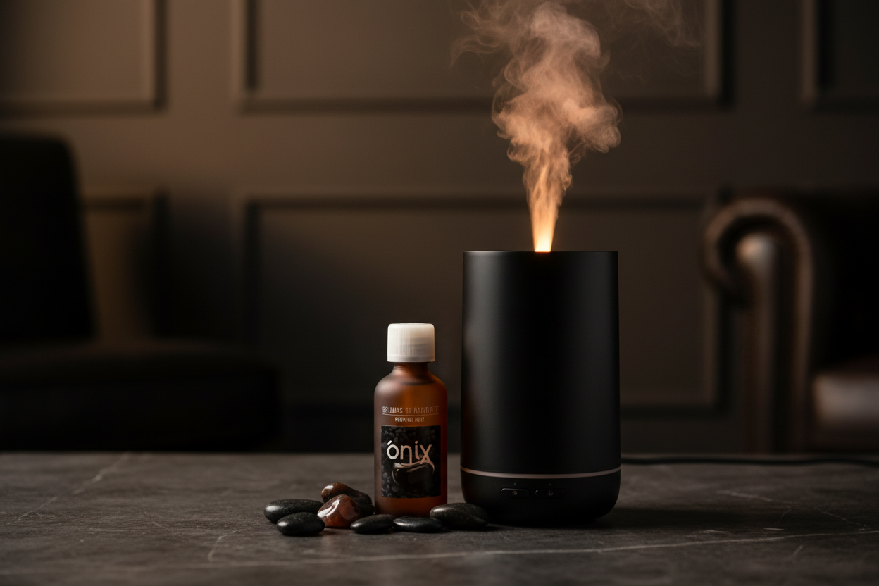 Ónix Perfume Mist com humidificador preto em ambiente