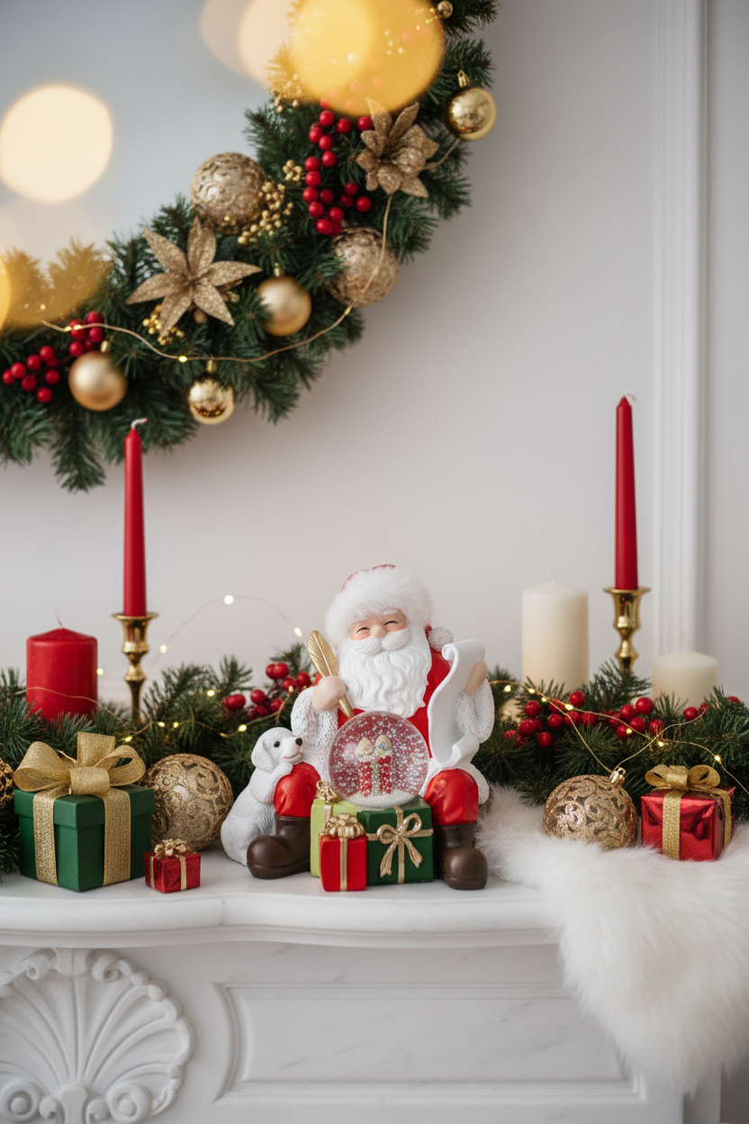 Pai Natal com globo de neve em ambiente natalício