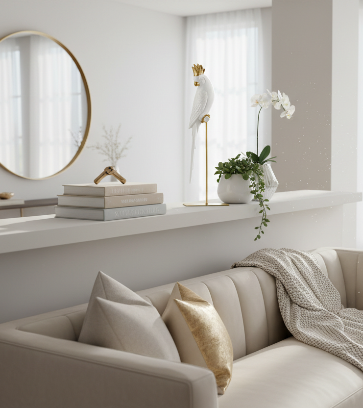 Papagaio em prateleira de sala