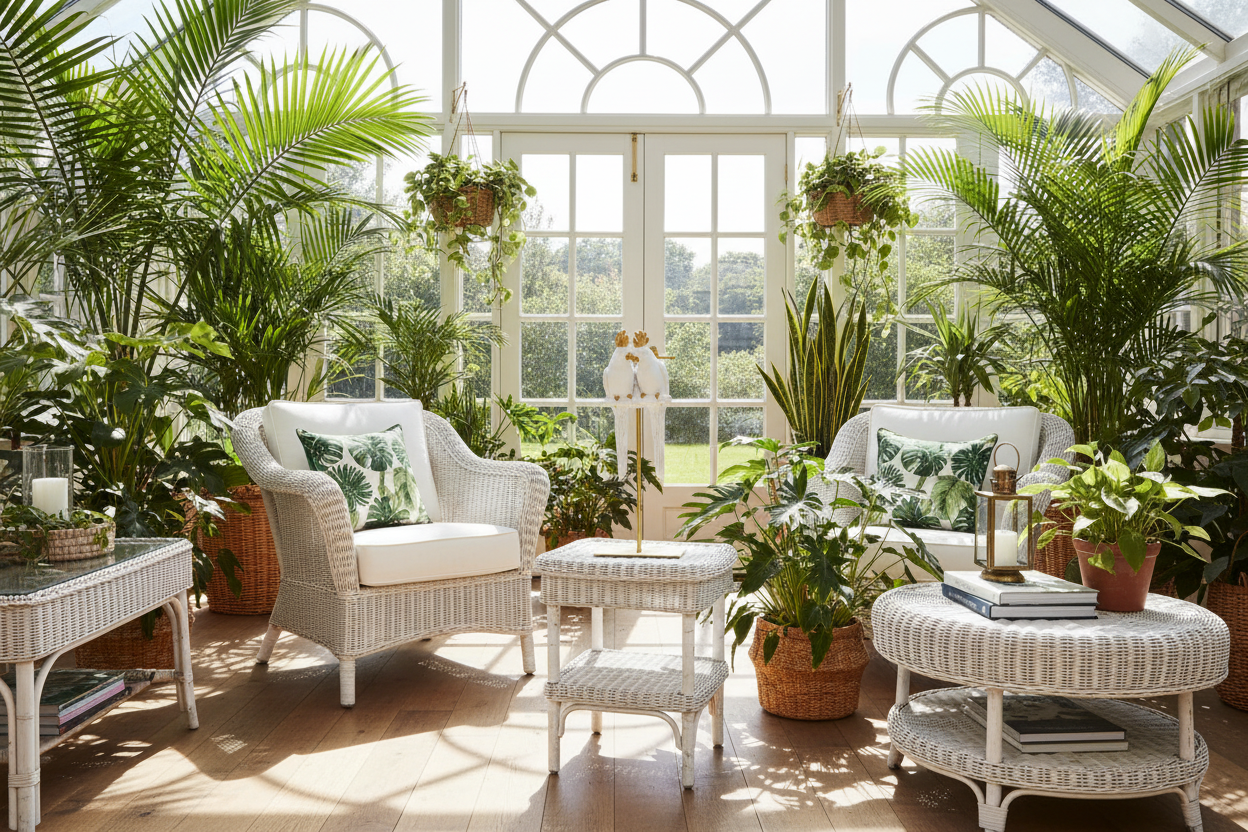 Par de papagaios em jardim de inverno