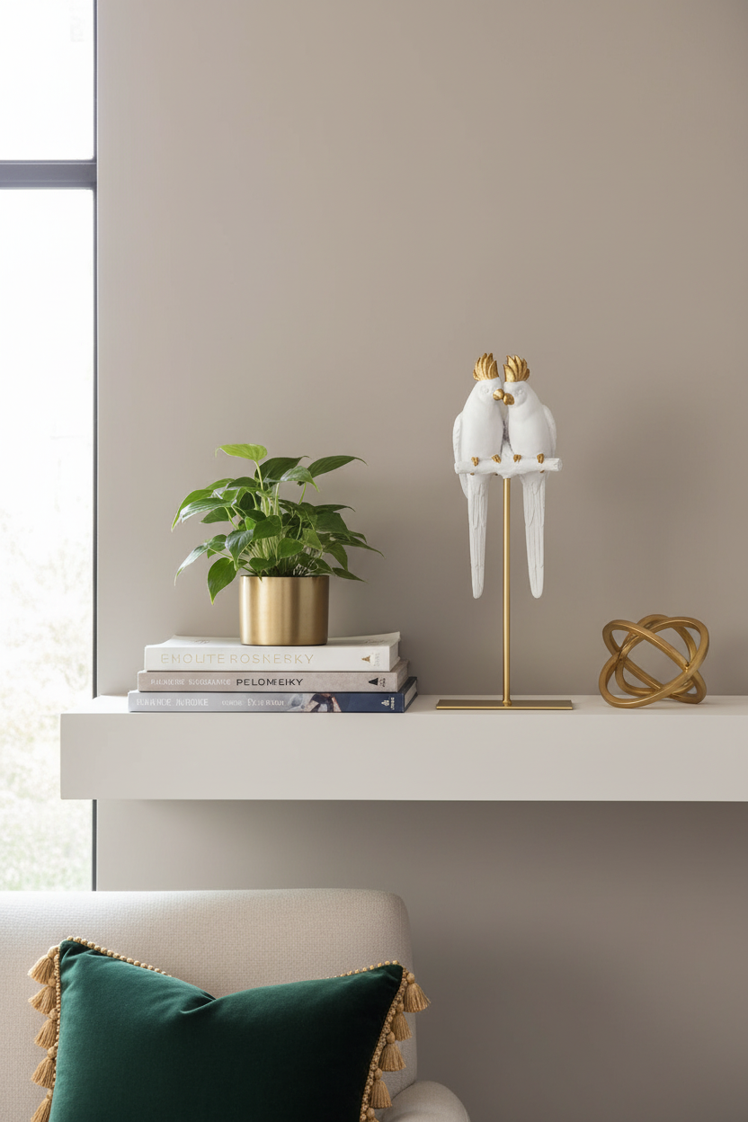 Par de papagaios em prateleira de sala