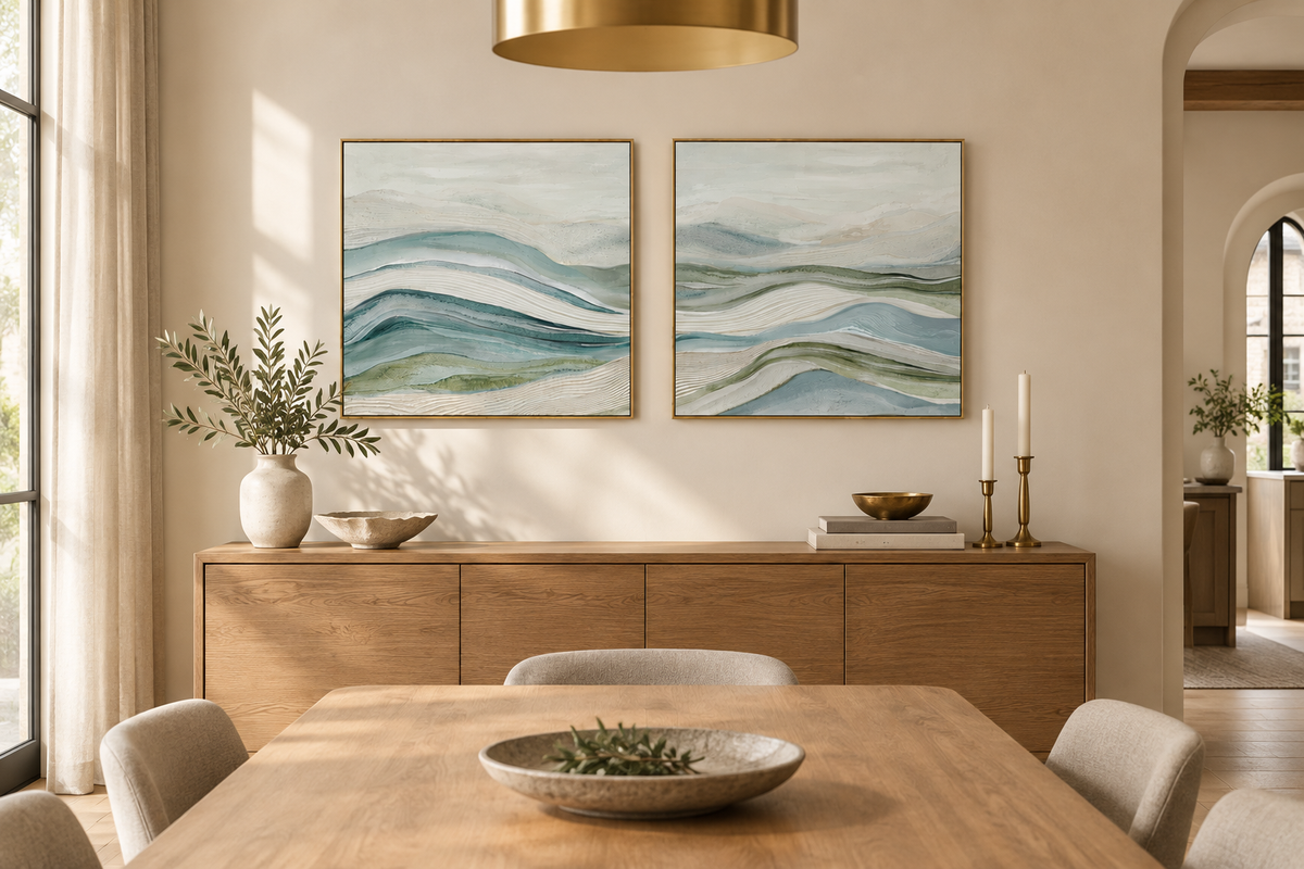 Par de quadros abstratos em tons azul, verde e marfim sobre um aparador numa sala de jantar moderna