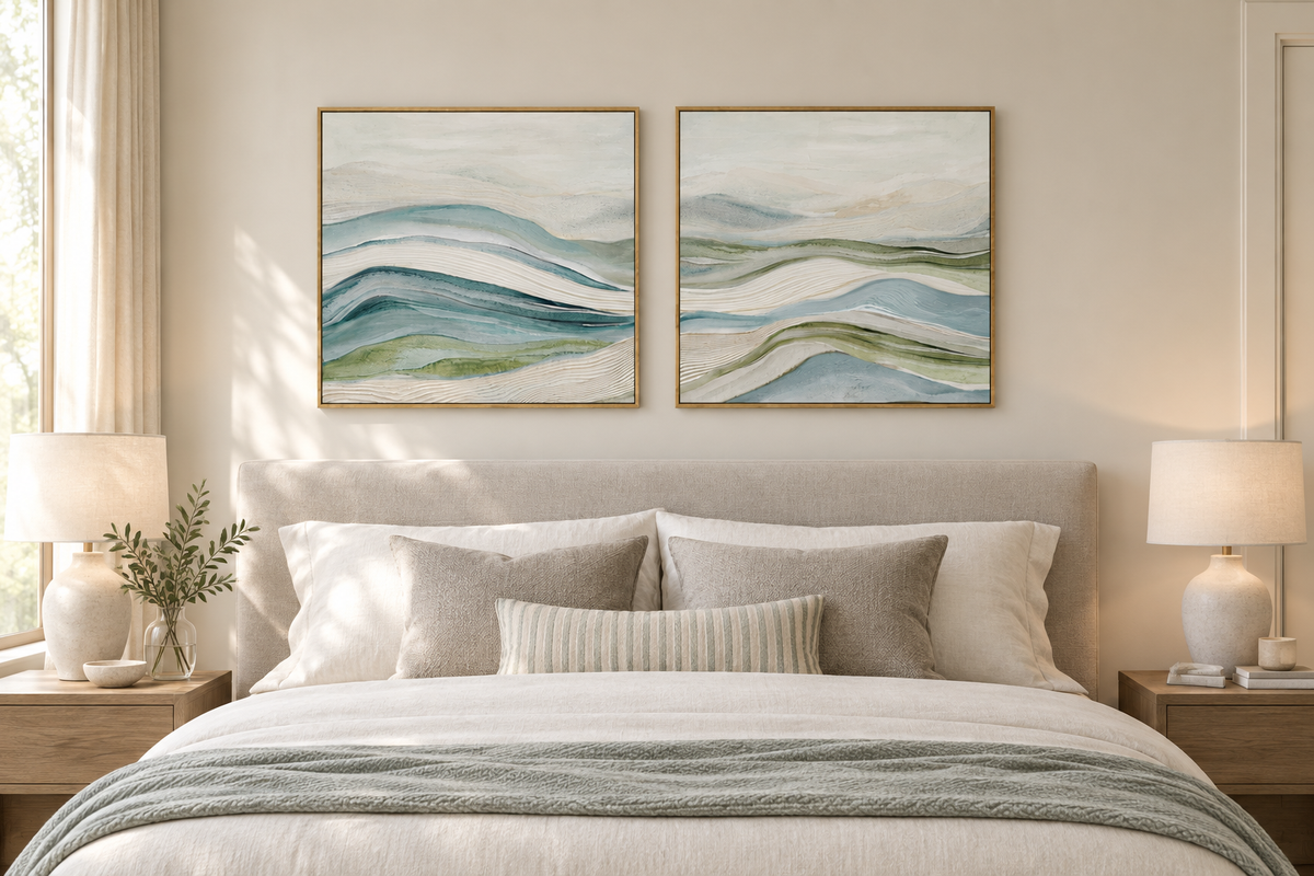 Par de quadros abstratos em tons azul, verde e marfim sobre uma cabeceira num quarto moderno