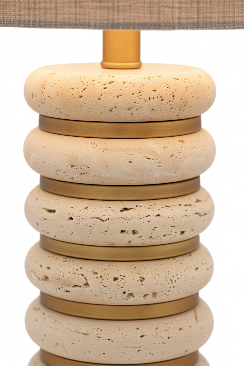 Pormenor base travertino e anéis dourados