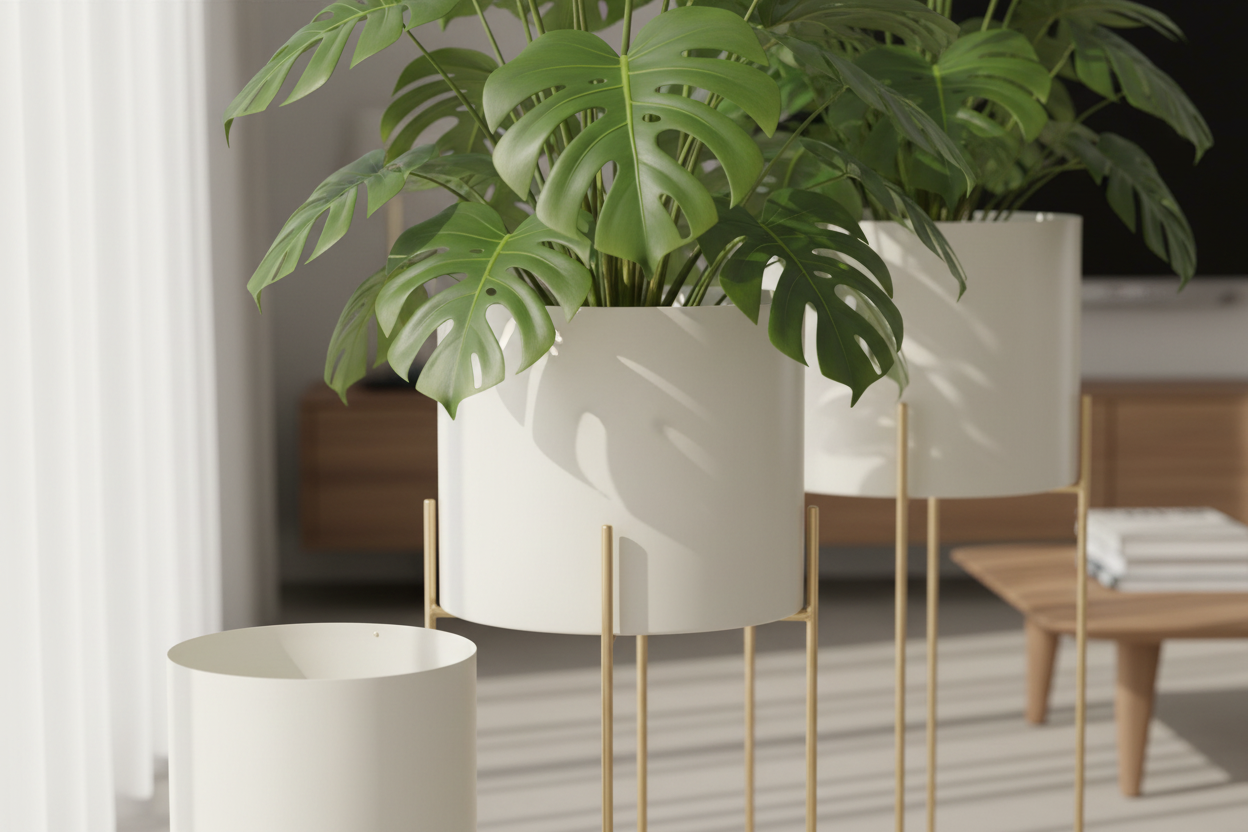 Pormenor floreira branca e dourada com planta