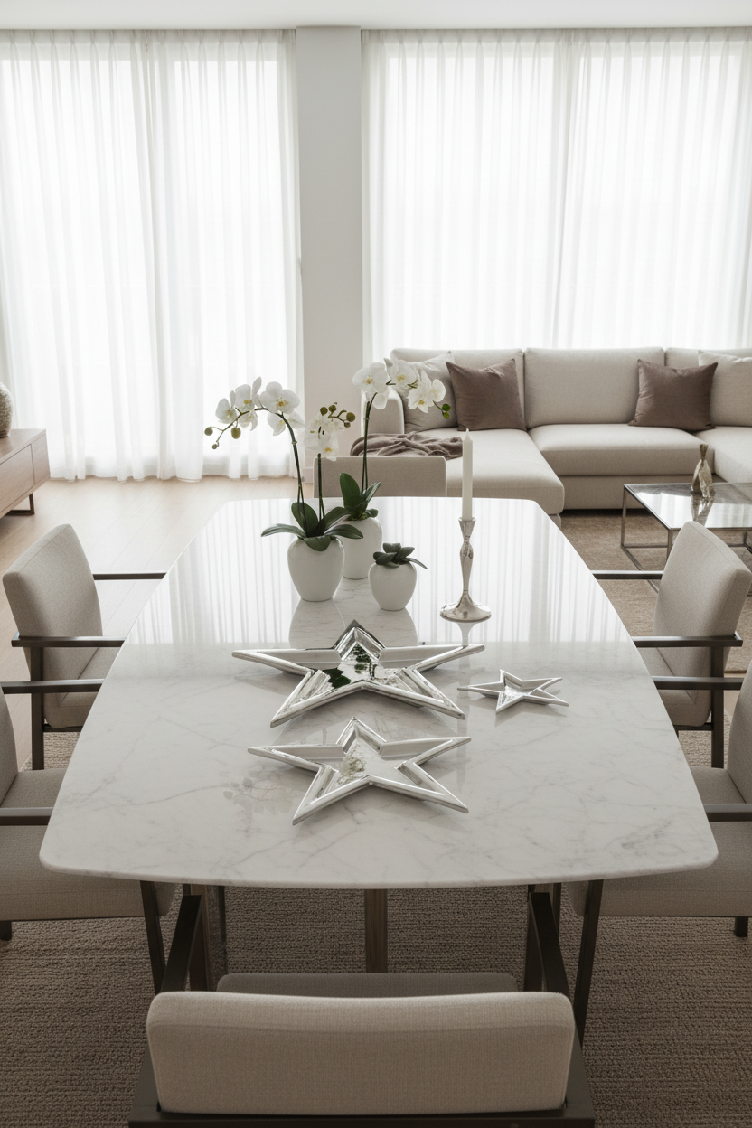 Pratos estrela prateados no centro da mesa