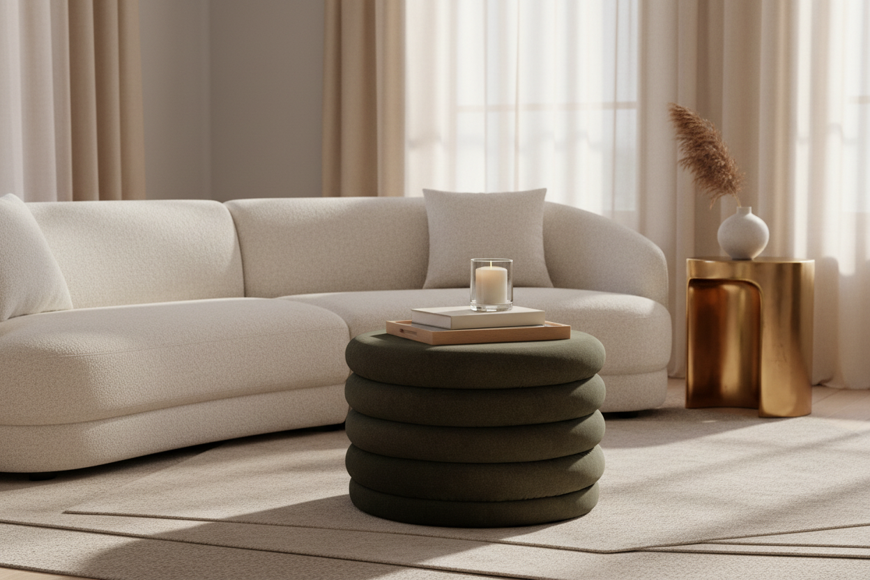 Puf verde escuro como mesa de centro em escala real