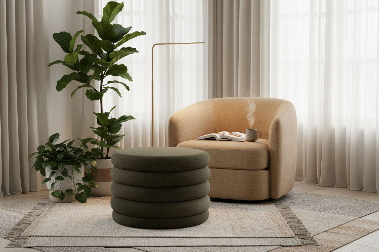 Puf verde escuro em canto de leitura