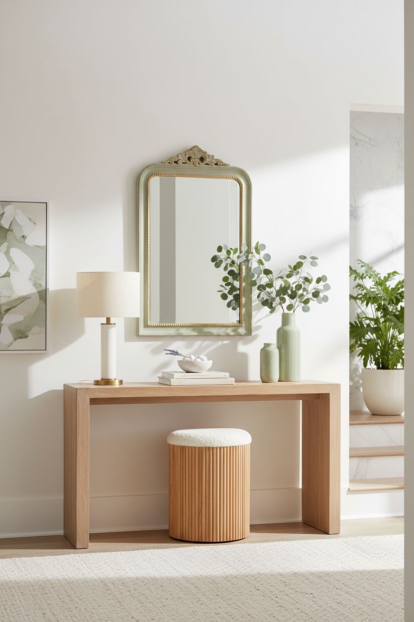 Pufe em entrada clara com verde