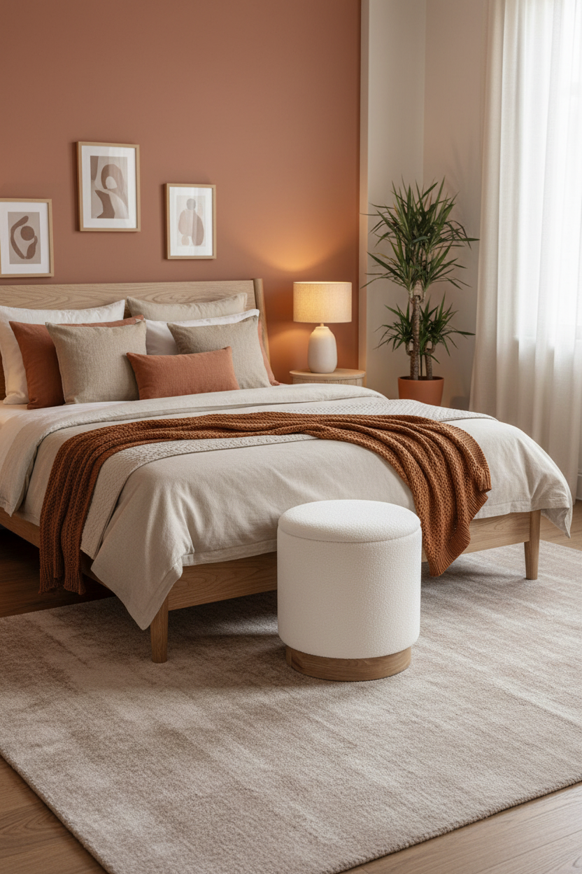 Pufe em quarto com tons quentes