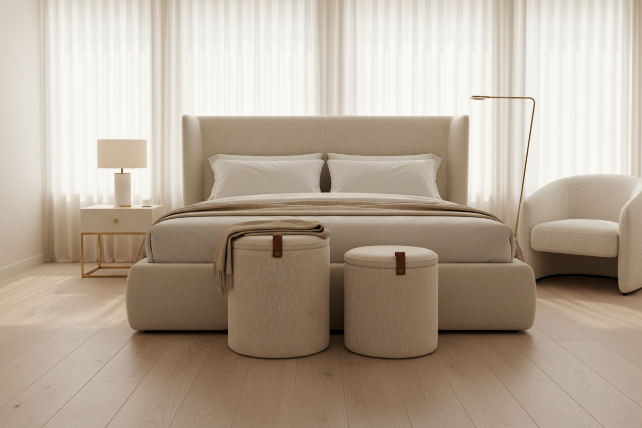 Pufes Katia decoração quarto moderno - Bancos-baú veludo bege com detalhes dourados design contemporâneo