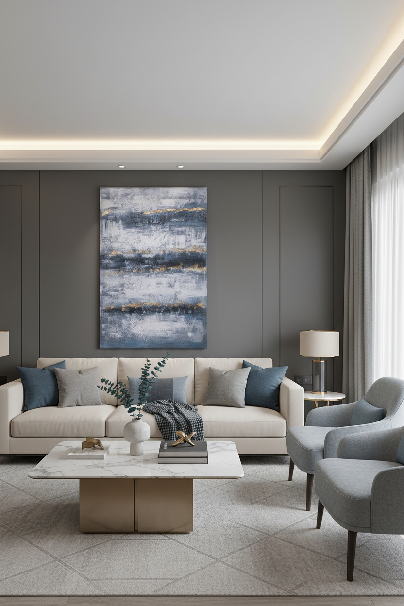 Quadro abstrato azul em ambiente luxuoso