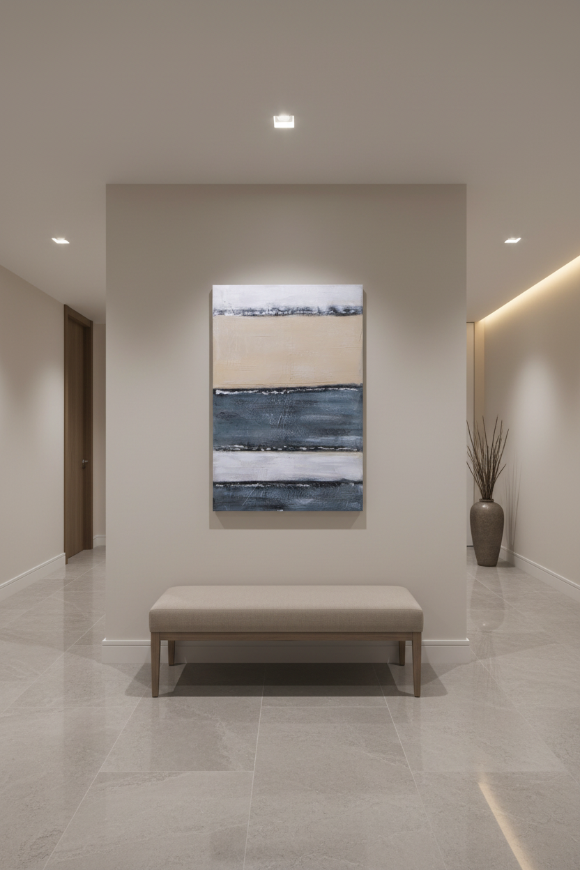 Quadro abstrato em corredor com banqueta