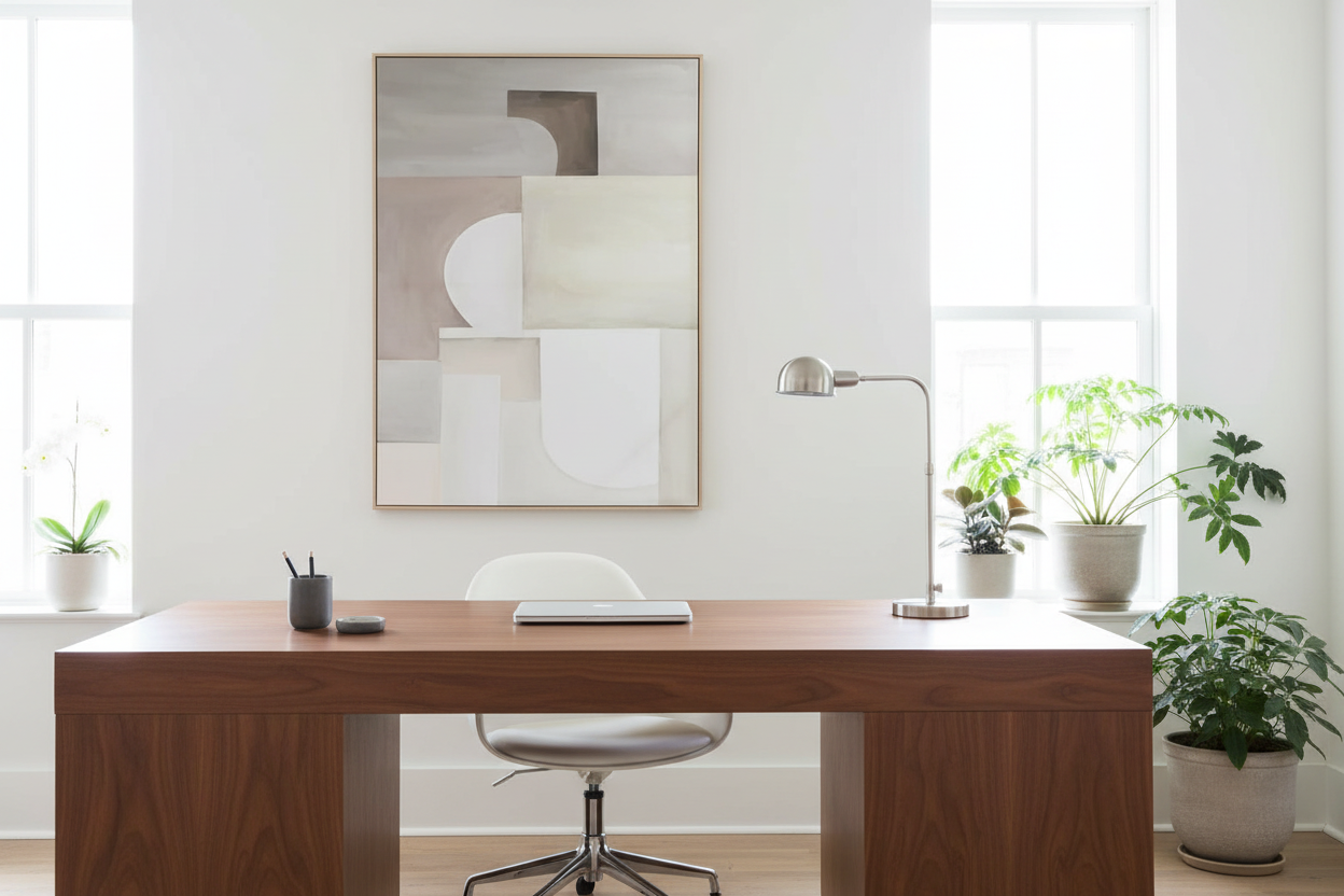 Quadro abstrato tons verticais em home office sofisticado