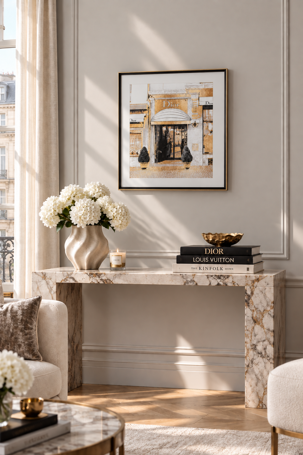 Quadro Glammy Dior – proporção correta com consola