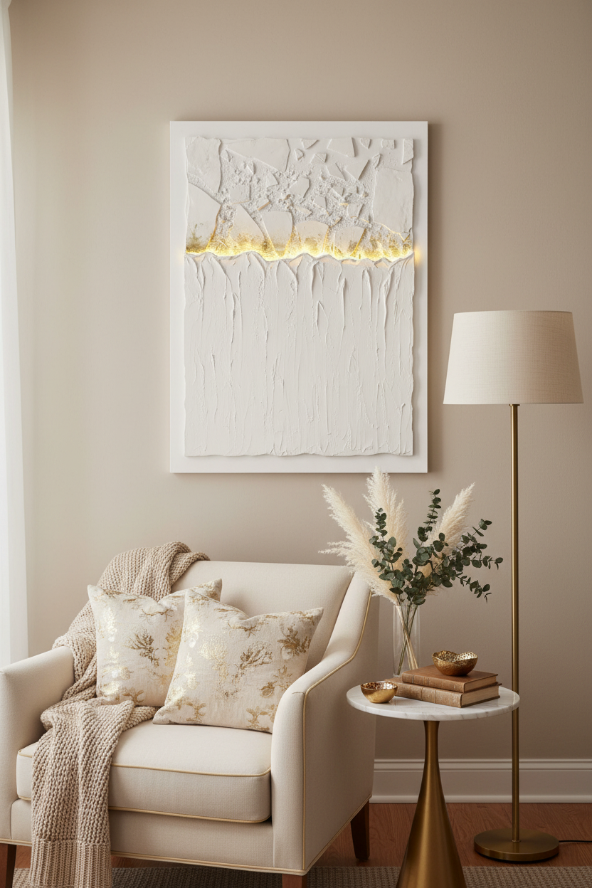 Tela Abstrata com Relevo e Iluminação LED Branco e Dourado 90x120 cm