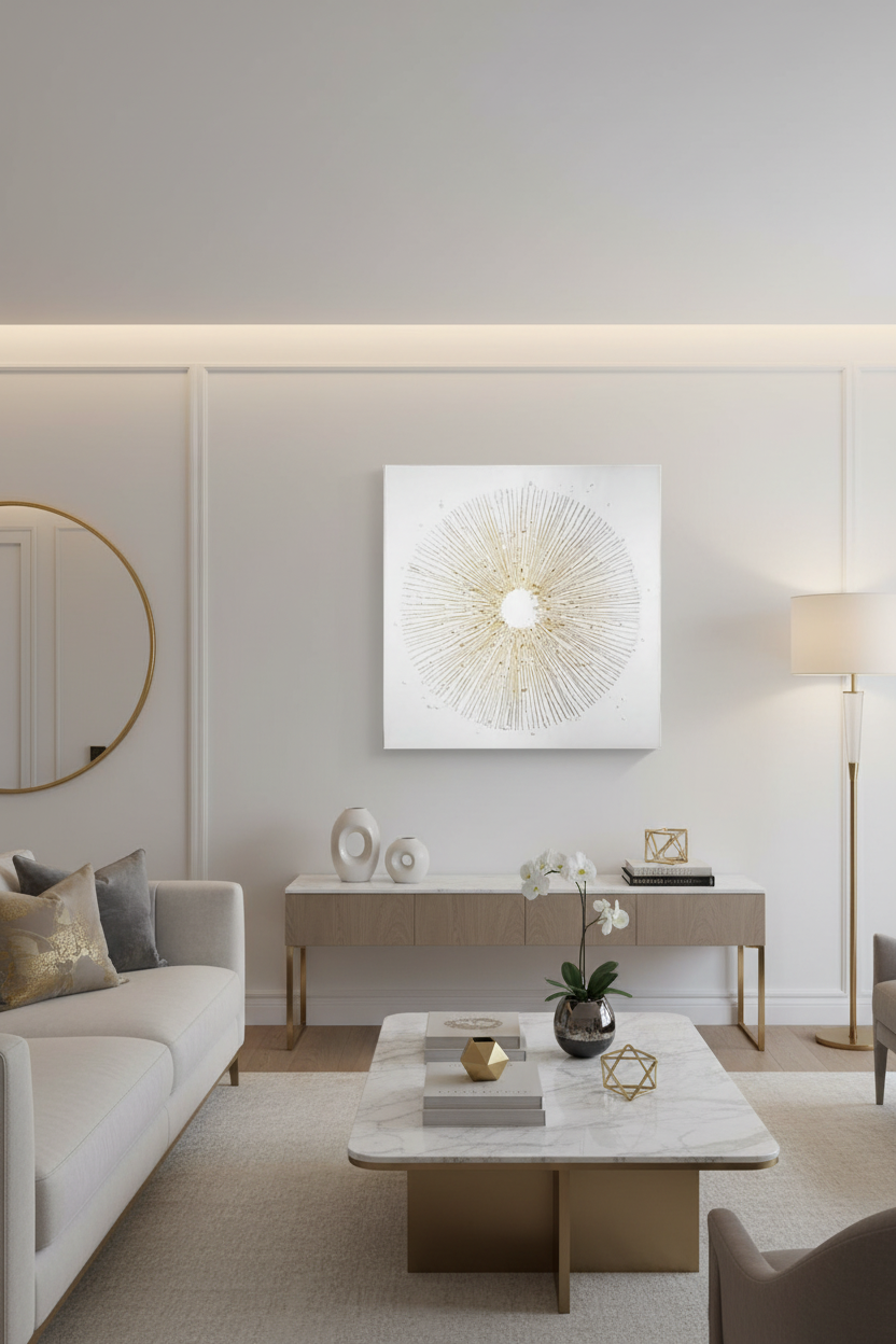 Quadro radiante dourado em ambiente luxuoso