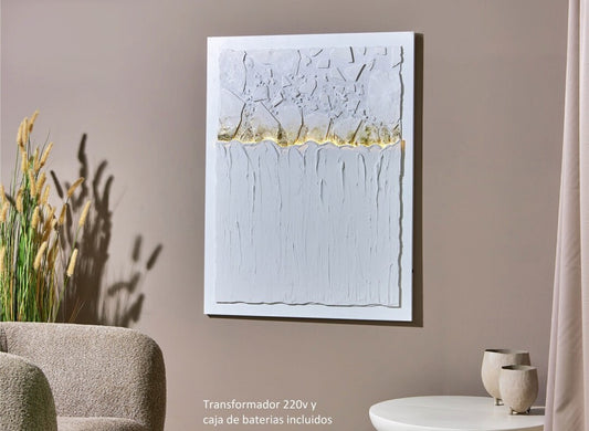 Tela Abstrata com Relevo e Iluminação LED Branco e Dourado 90x120 cm