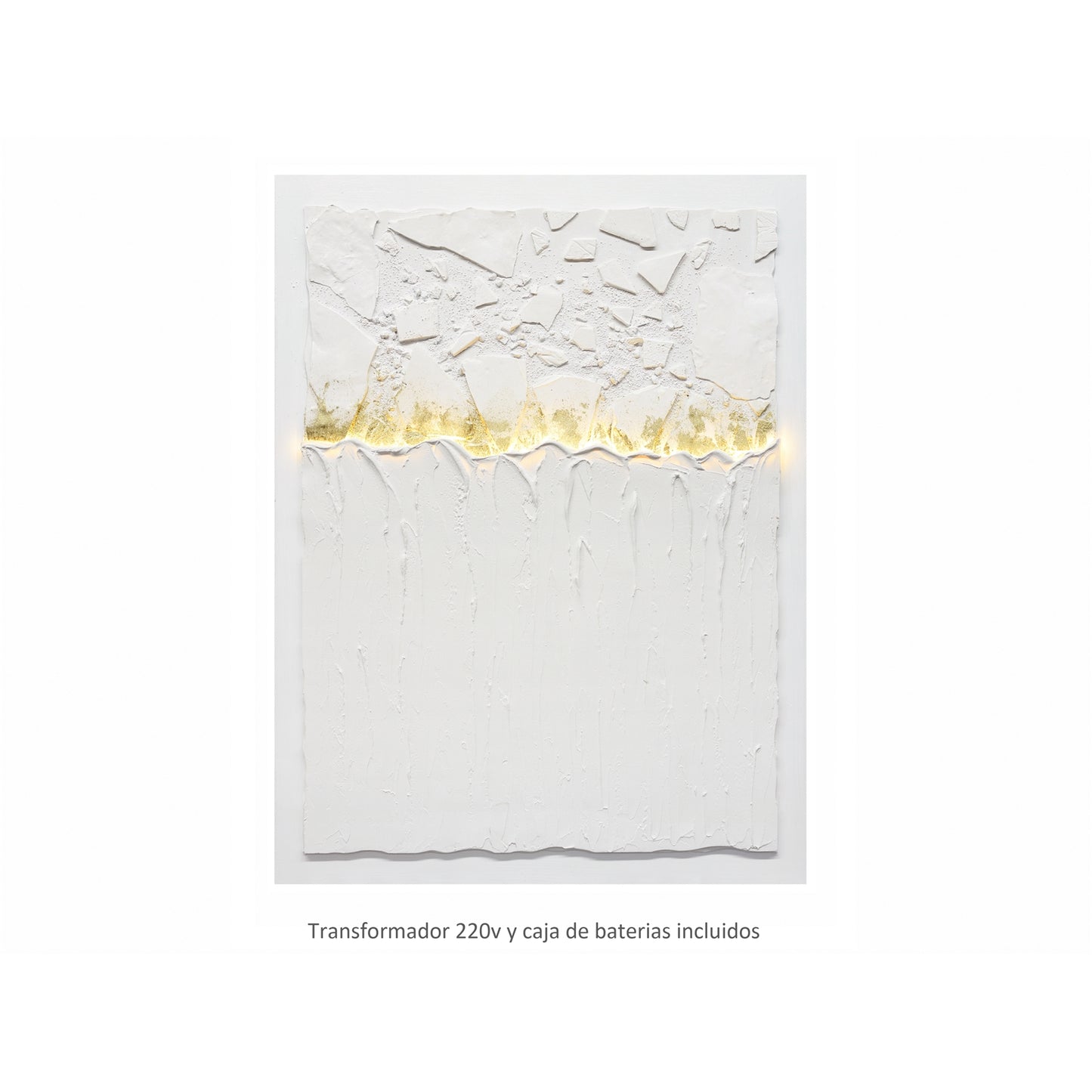 Tela Abstrata com Relevo e Iluminação LED Branco e Dourado 90x120 cm