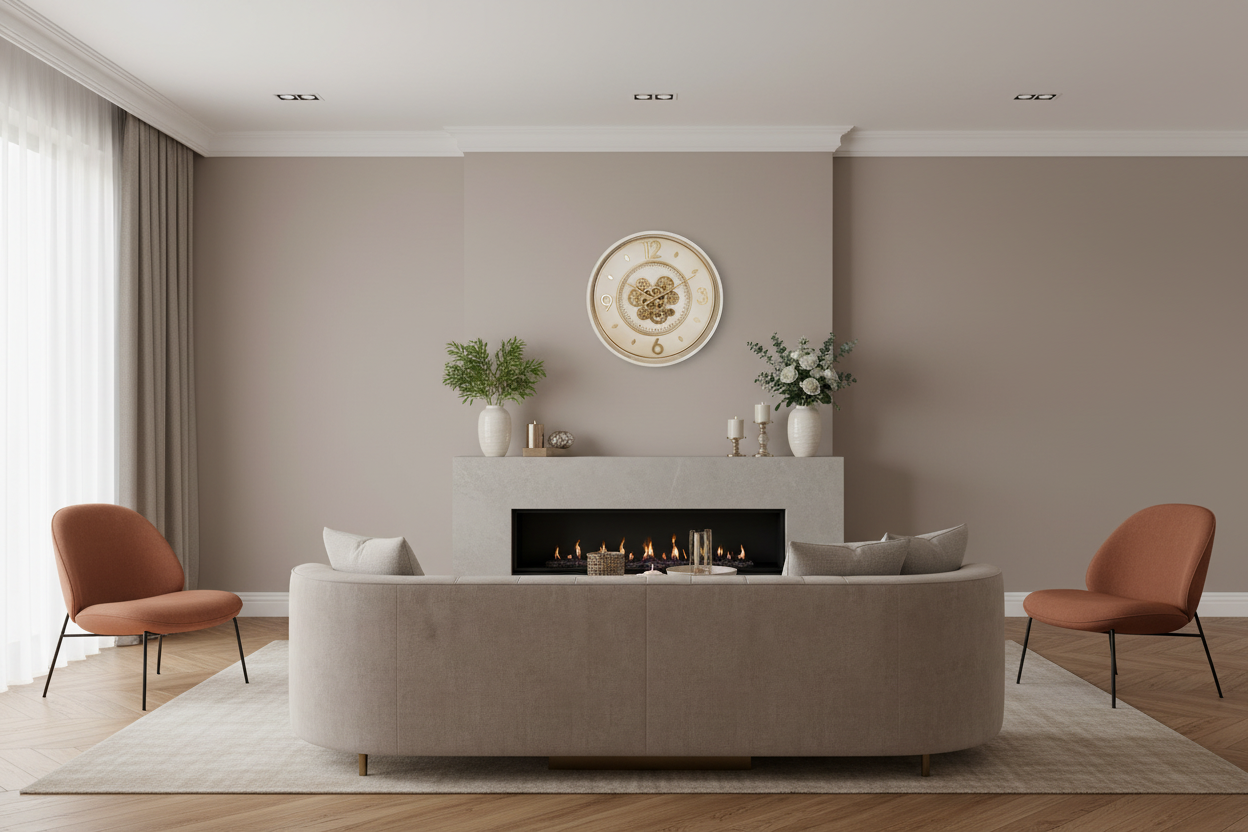 Relógio em cima da lareira em sala contemporânea